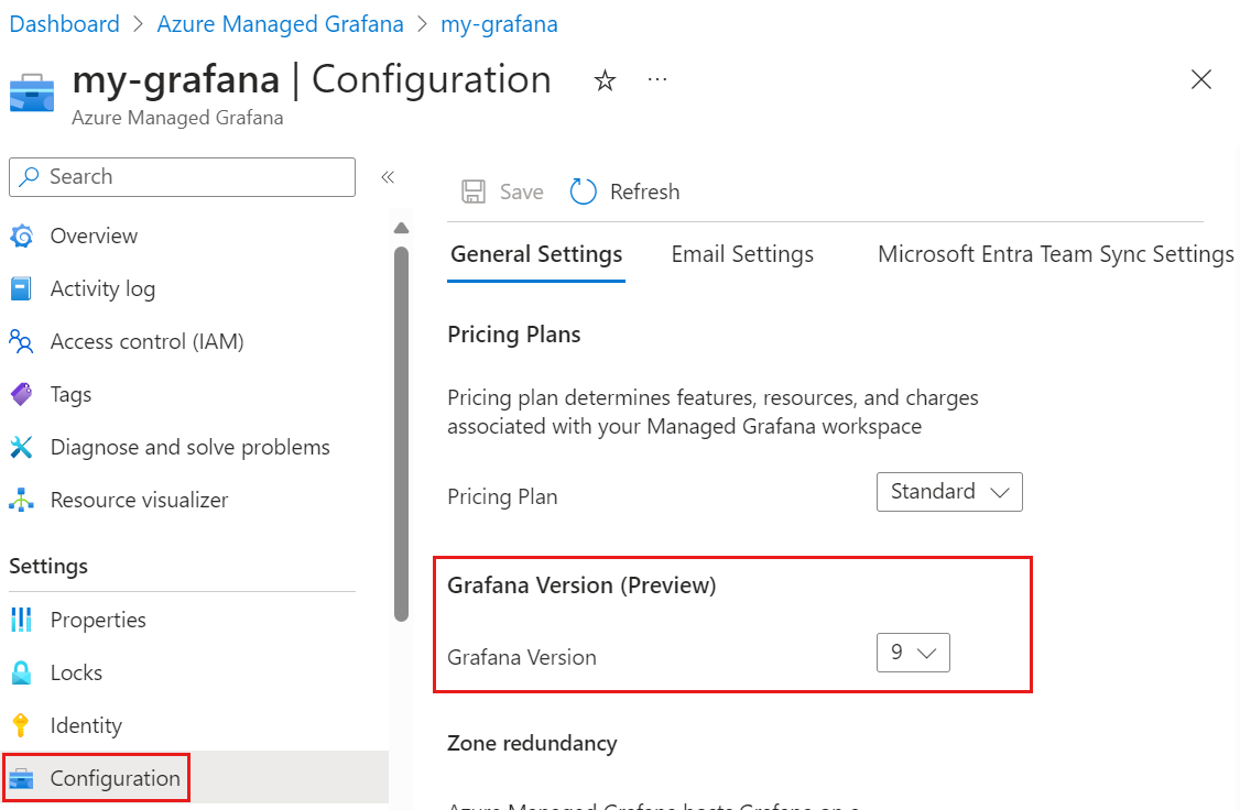 Screenshot of the Azure platform showing Grafana Version 9.