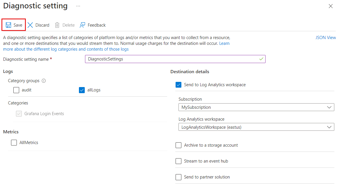 Screenshot der Azure-Plattform. Konfiguration der Diagnoseeinstellungen.