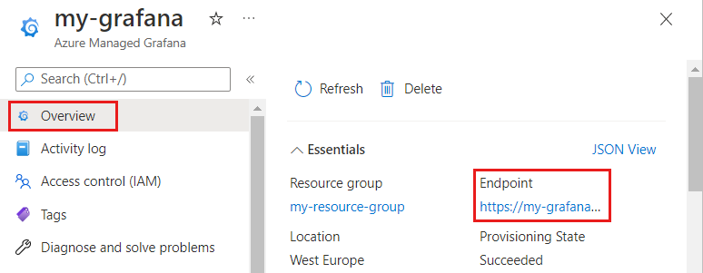 Screenshot der Azure-Plattform. Auf der Seite „Übersicht“ angezeigter Endpunkt.