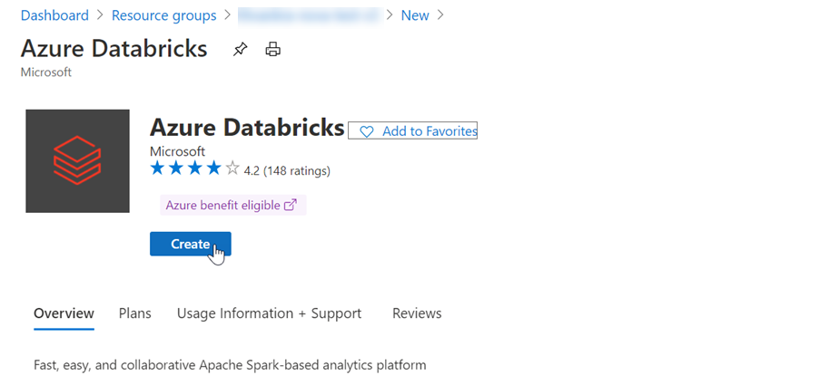 Screenshot eines Azure Databricks-Angebots mit ausgewählter Schaltfläche „Erstellen“.