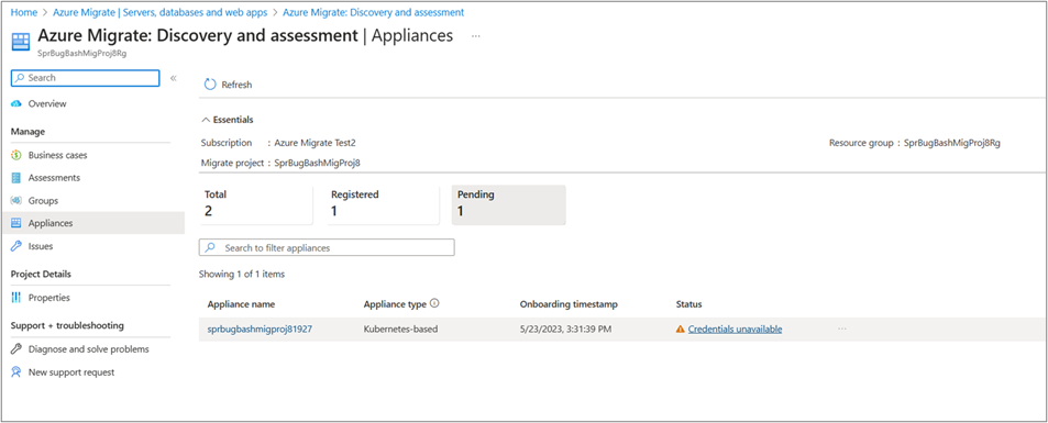 Screenshot zeigt die Details der Appliance an.