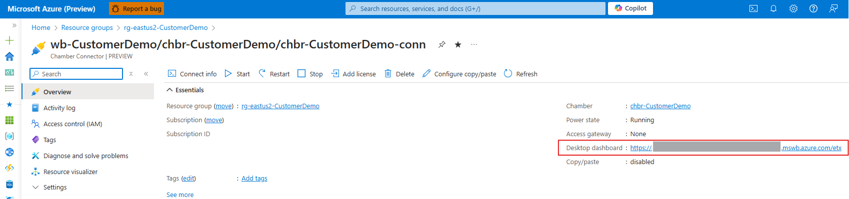 Screenshot: Connectorübersichtsseite mit der mit einem roten Rechteck hervorgehobenen Desktopdashboard-URL