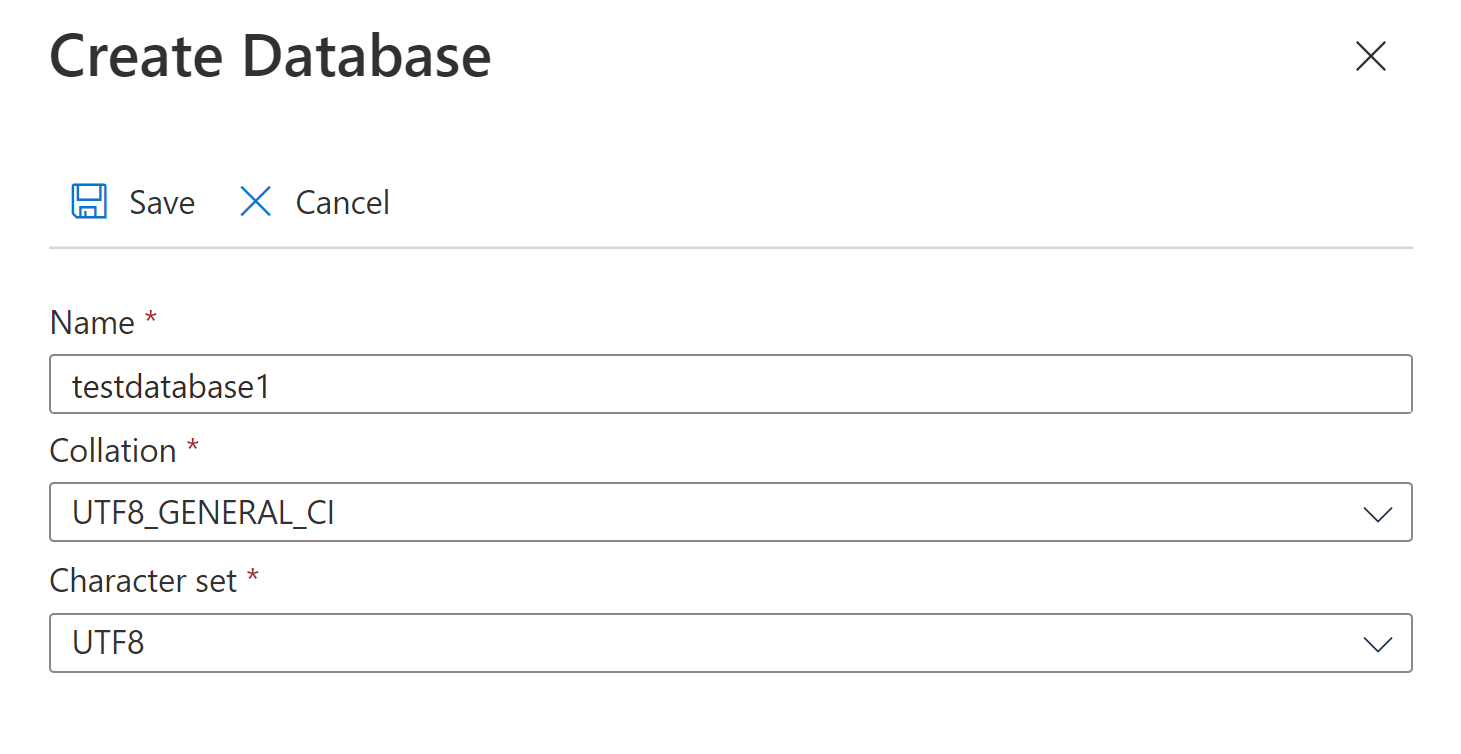 Screenshot zeigt das Erstellen einer Datenbank auf Azure Database for MySQL – flexibler Server.