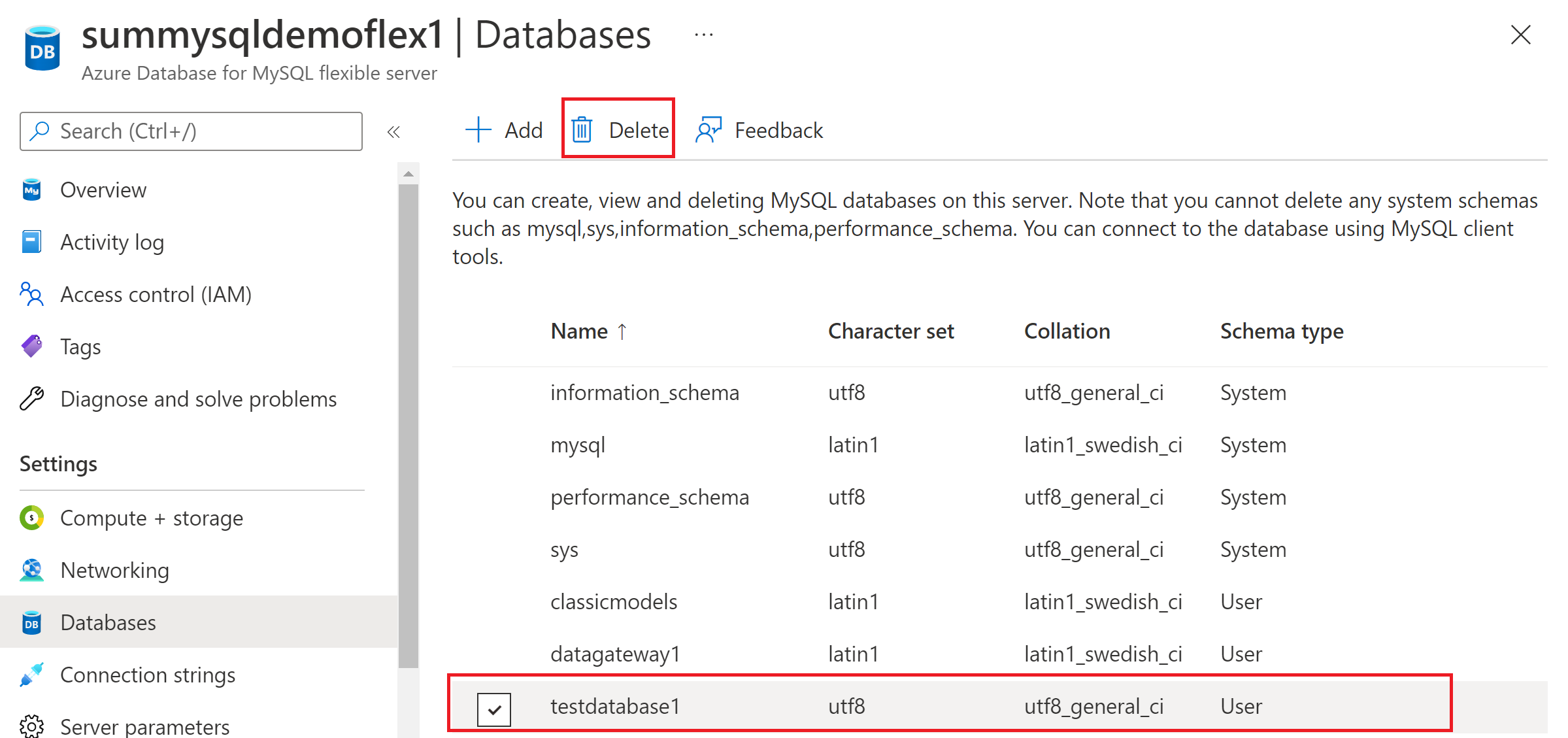 Screenshot zeigt das Löschen einer Datenbank auf Azure Database for MySQL – flexibler Server.