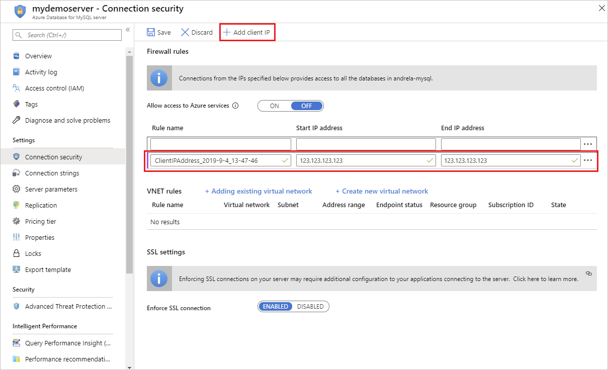 Azure-Portal – Wählen Sie „Meine IP-Adresse hinzufügen“ aus.