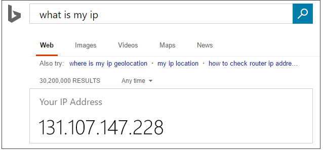 Bing-Suche für „Wie lautet meine IP-Adresse“.