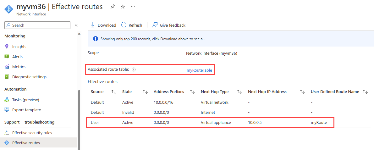 Screenshot der effektiven Routen nach dem Außerkraftsetzen der Azure-Standardsystemrouten mithilfe einer benutzerdefinierten Route.