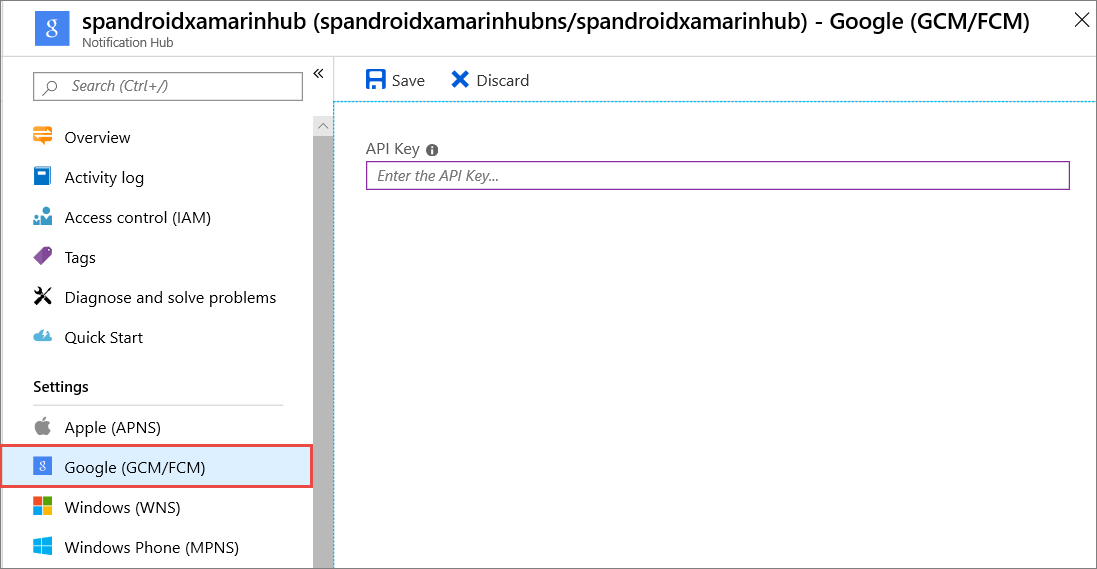 Screenshot von Notification Hub im Azure-Portal mit hervorgehobener und rot markierter Option „Google GCM/FCM“.