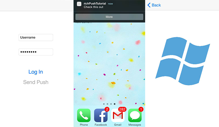 Drei Screenshots: Ein App-Bildschirm mit einer Schaltfläche zum Senden eines Pushs, ein Startbildschirm auf einem Gerät und ein Windows-Logo mit der Schaltfläche „Zurück“.