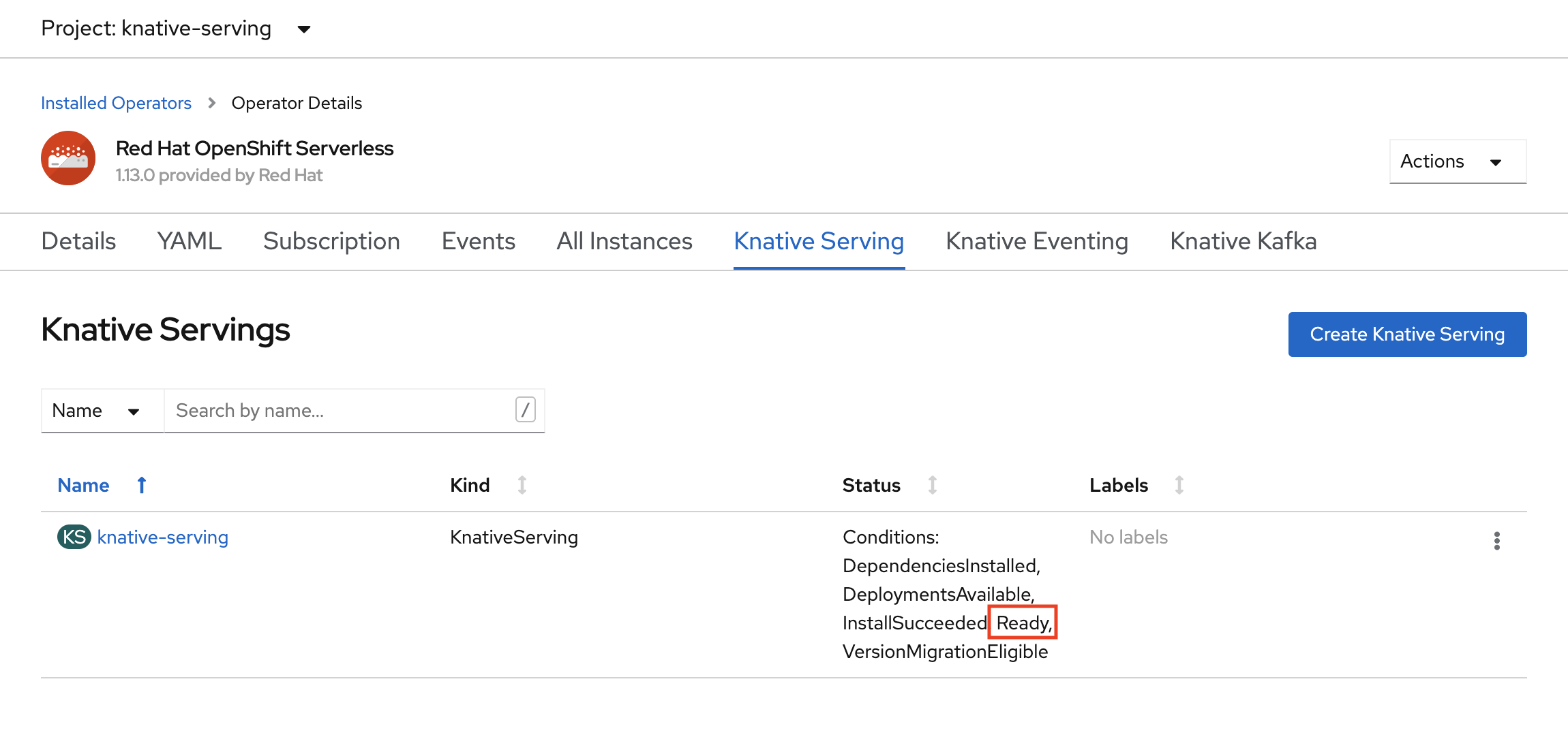 Screenshot: Knative Serving bereit