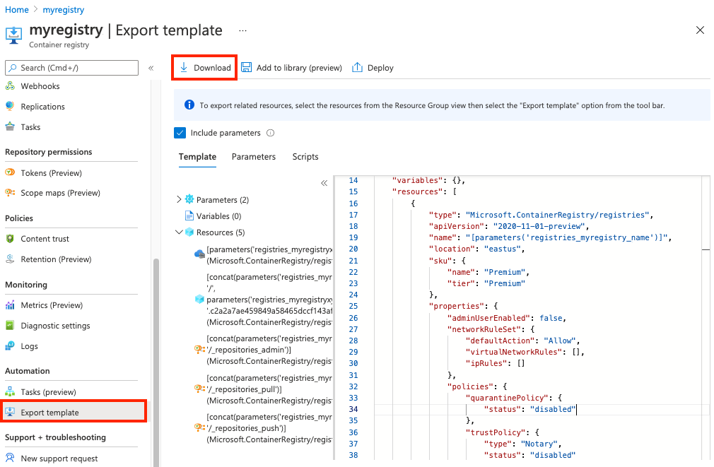 Screenshot der Exportvorlage für die Containerregistrierung.