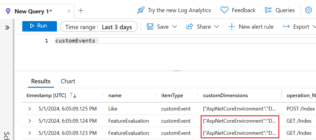 Screenshot: Azure-Plattform mit customDimension-Feld