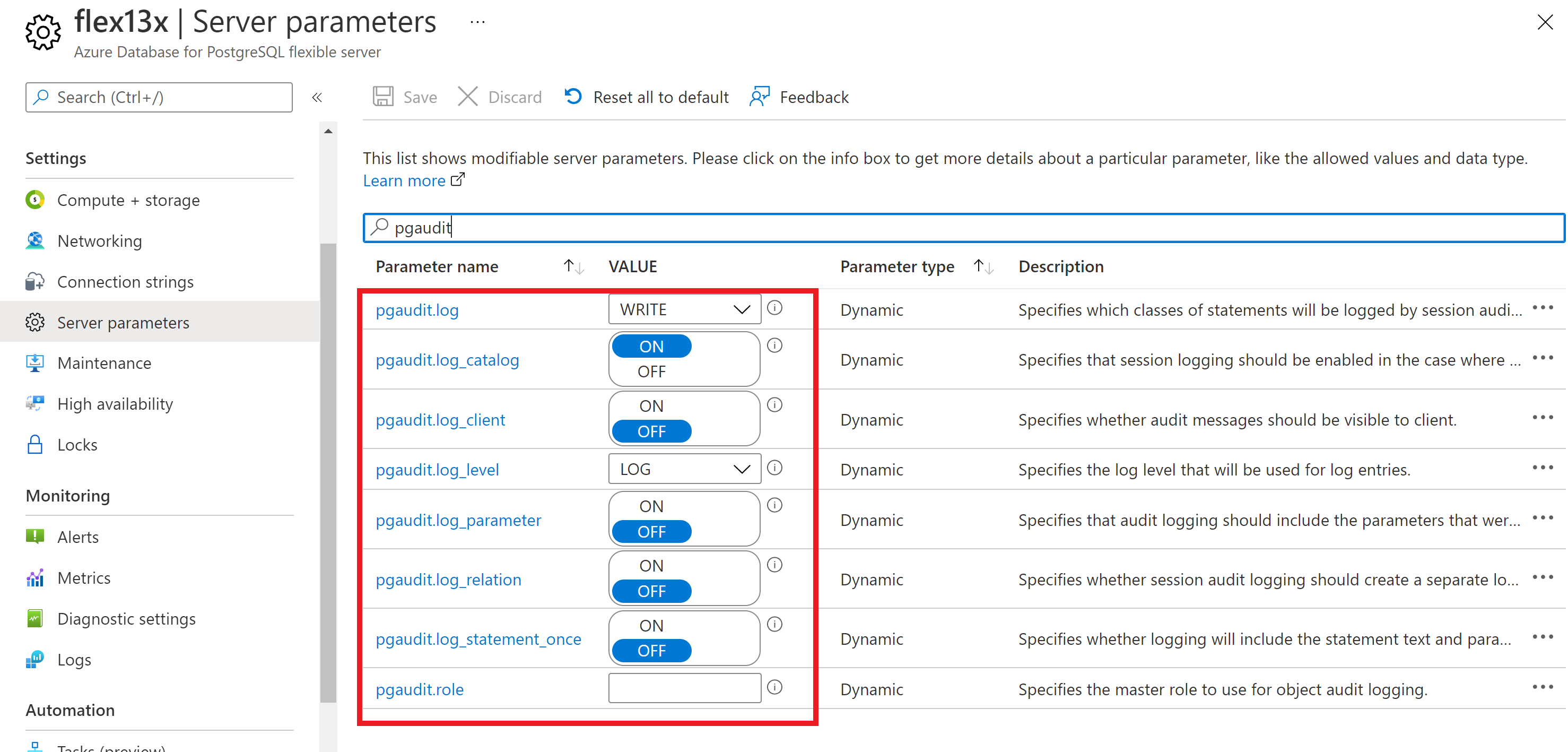 Screenshot von Azure Database for PostgreSQL: Konfigurieren der Protokollierung mit „pgaudit“