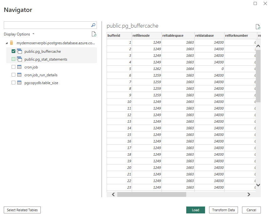 Screenshot des Navigators zum Anzeigen von Tabellen von Azure Database for PostgreSQL – Flexibler Server.