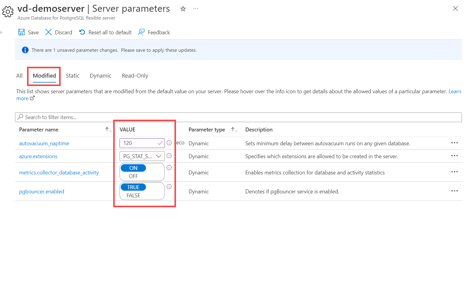 Screenshot der Registerkarte „Geänderter Parameter“.