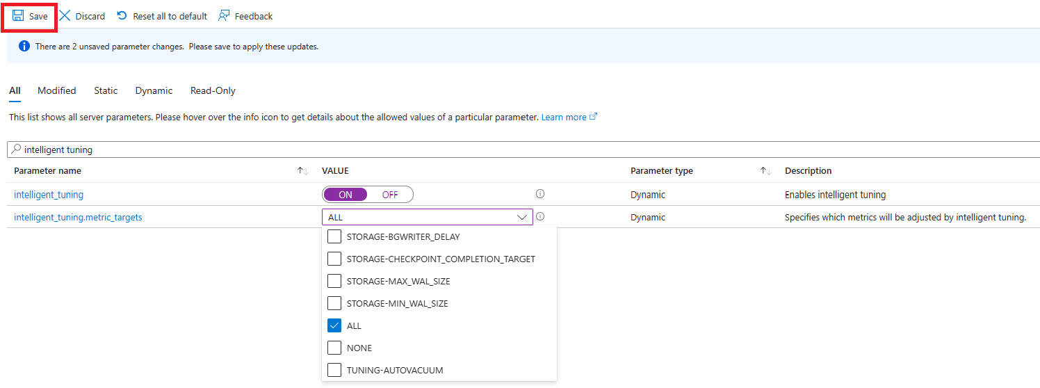 Screenshot des Server Parameter Blades mit Optionen für Tuning-Ziele.