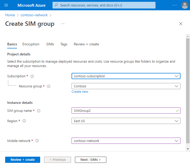 Screenshot of the Azure portal showing the Basics configuration tab.