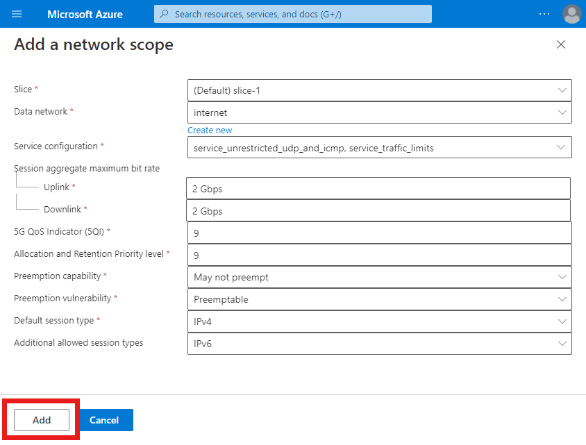 Screenshot des Azure-Portals mit dem Bildschirm „Netzwerkbereich hinzufügen“. Die Option „Hinzufügen“ ist hervorgehoben.