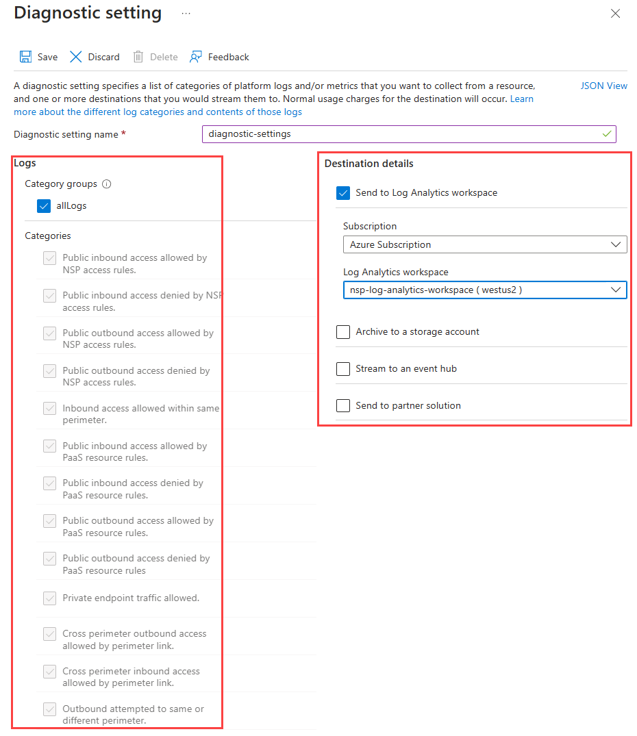 Screenshot der Diagnoseeinstellungsoptionen für einen Netzwerksicherheitsperimeter.