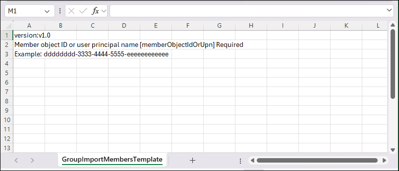 Screenshot: CSV-Vorlage für den Massenimport von Gruppenmitgliedern