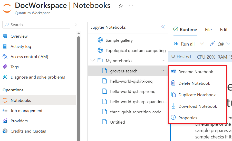 Screenshot des Notizbuchkontextbereichs in Azure Quantum.