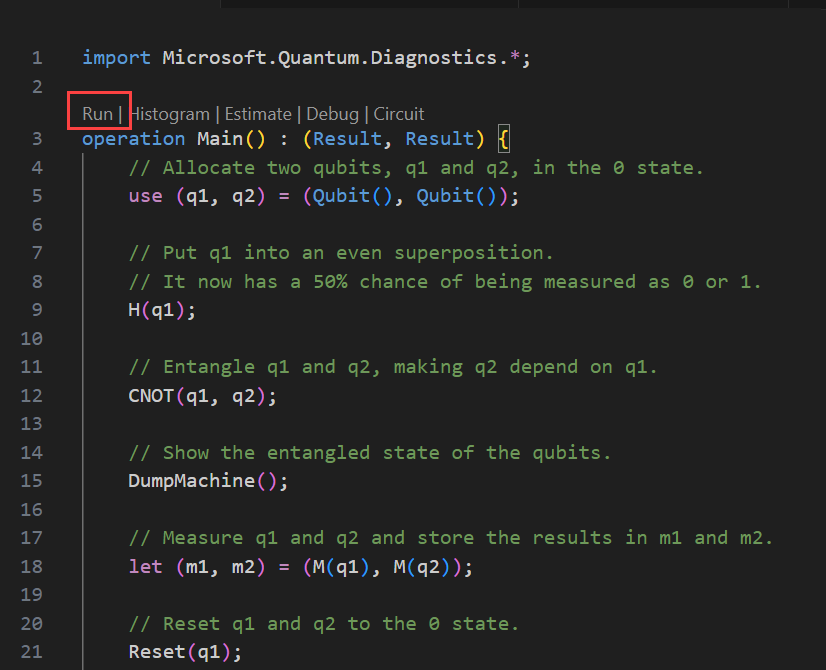 Screenshot der Q# Datei in Visual Studio Code, der zeigt, wo der Befehl 