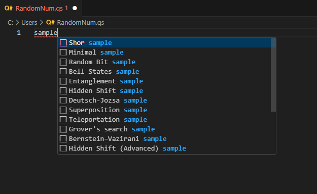 Screenshot der Q#-Datei in Visual Studio Code mit der Liste der Codebeispiele beim Schreiben des Wortbeispiels in der Datei.