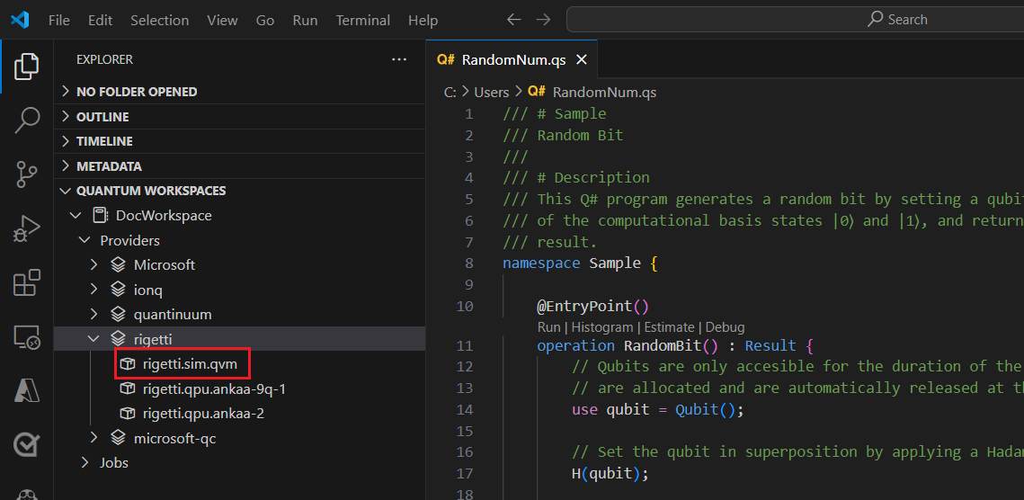 Screenshot von Visual Studio Code mit der Auswahl des Rigetti-Simulators als target.