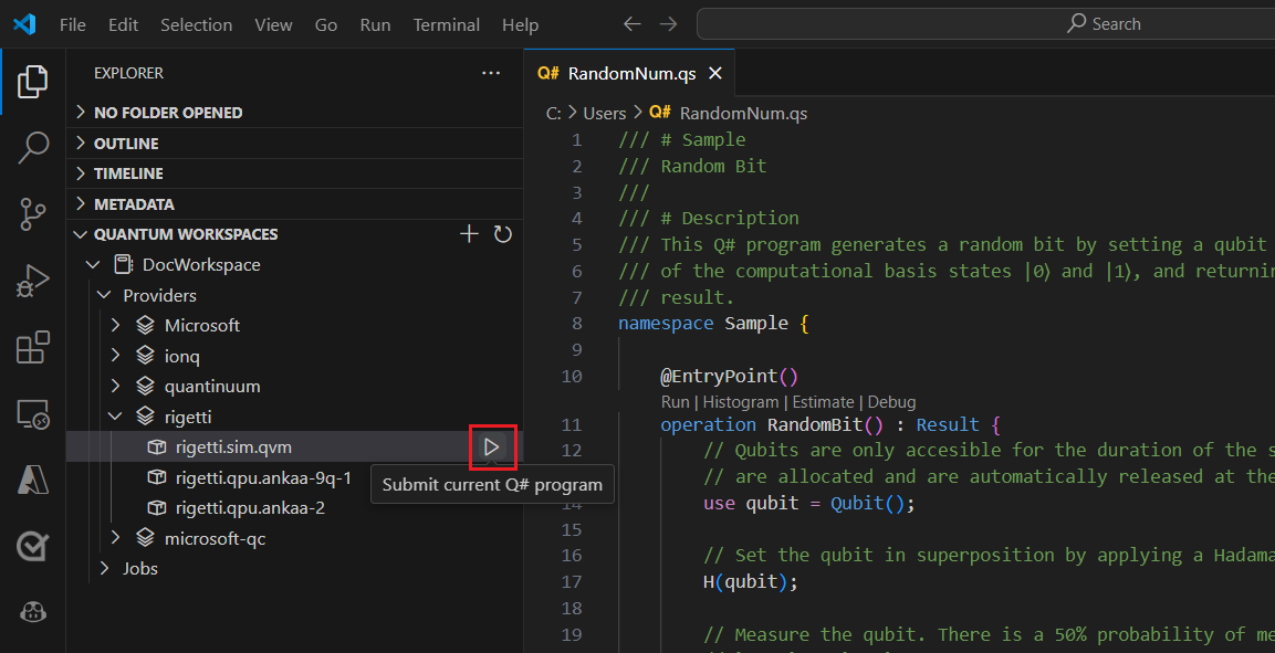 Screenshot von Visual Studio Code mit der Ausführung des Rigetti-Simulators als target.