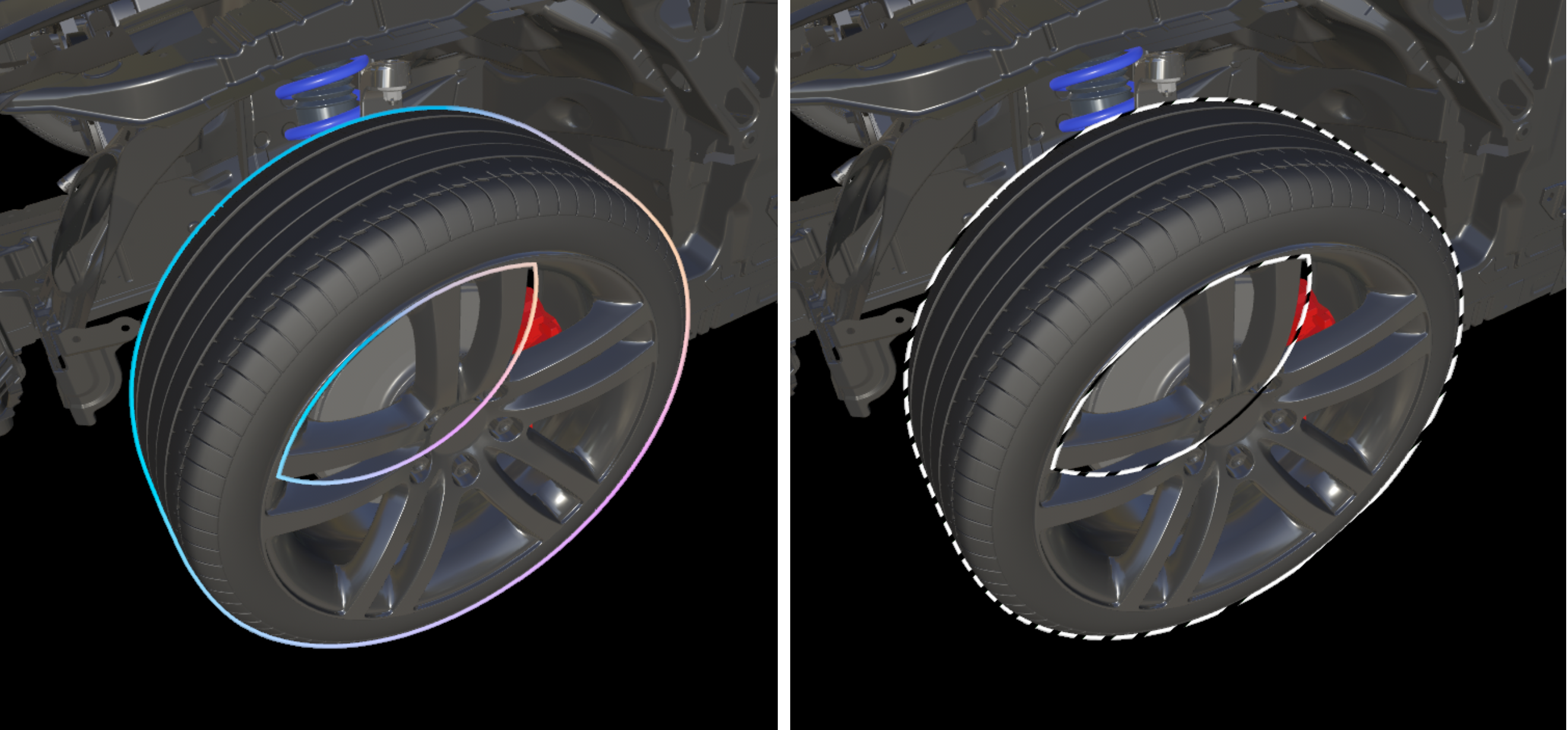 Ein Objekt, das zweimal gerendert wird, zeigt unterschiedliche Anwendungsfälle für Gliederungstextmasken an