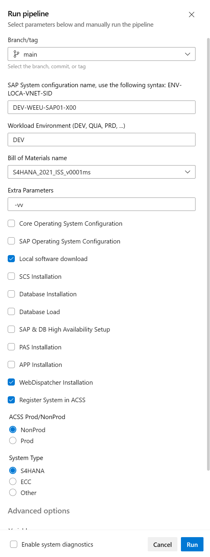 Screenshot, der die Konfiguration des DevOps-Tutorials, des Betriebssystems und der SAP-Konfiguration zeigt.