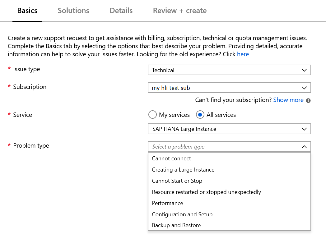 Auswählen der Problemklasse im Azure-Portal