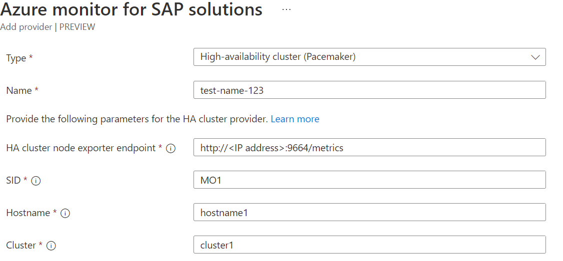 Abbildung: Einrichtung einer Ressource des Typs „Azure Monitor für SAP-Lösungen“ mit den Feldern für SUSE-basierte Cluster.