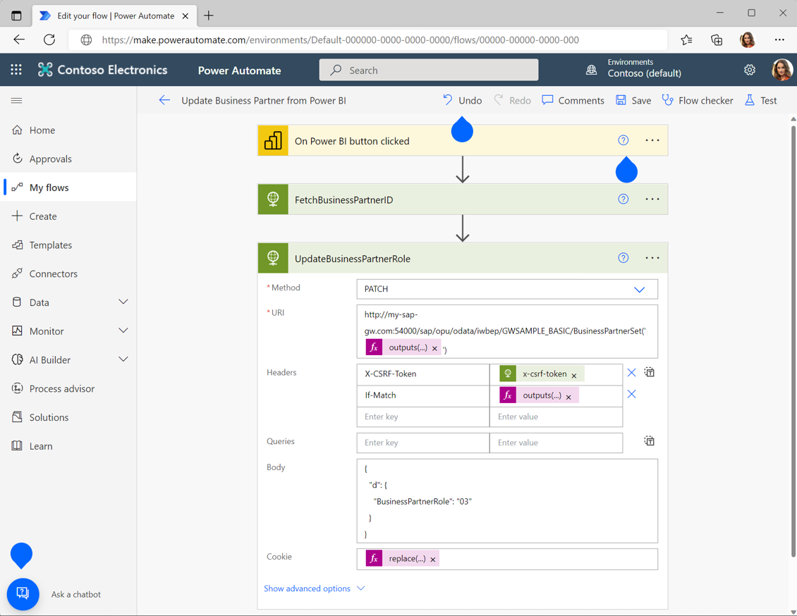 Screenshot: Flow in Power Automate, der die Änderung des Geschäftspartners im SAP-Backend anfordert