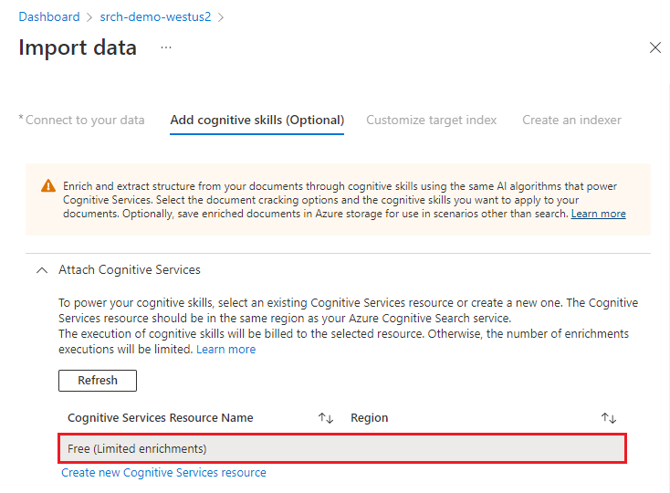 Screenshot of the Attach Azure AI services tab.