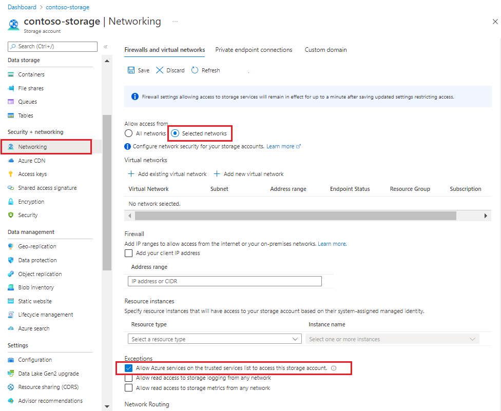 Screenshot der Seite für Firewall und Netzwerk für Azure Storage im Azure-Portal.