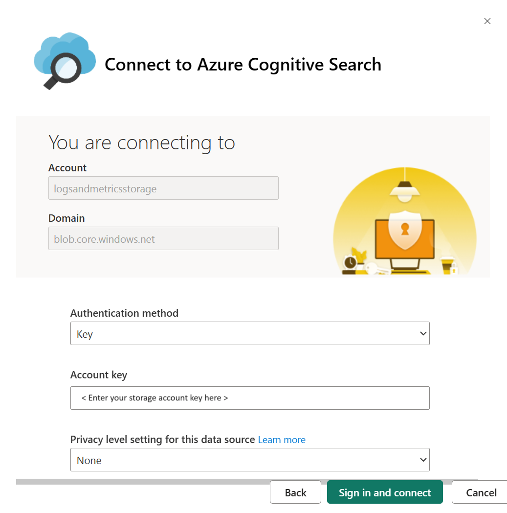 Screenshot, der zeigt, wie die Authentifizierungsmethode, der Kontoschlüssel und die Datenschutzebene auf der Seite „Herstellen einer Verbindung mit Azure Cognitive Search“ eingegeben werden.