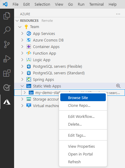 Screenshot von Visual Studio Code mit dem Azure Static Web Apps Explorer mit der Option **Website durchsuchen**