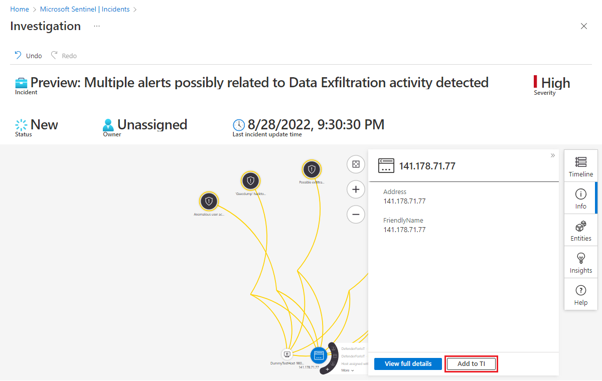 Screenshot: Hinzufügen einer Entität zu Threat Intelligence