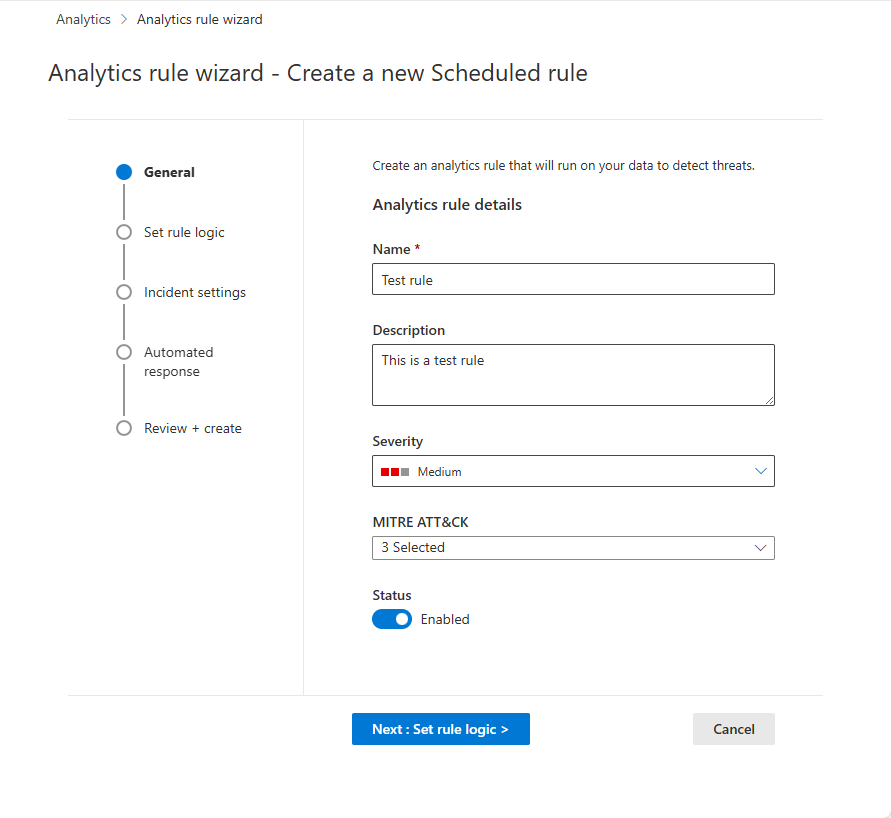 Screenshot des Startbildschirms des Assistenten für Analyseregeln im Defender-Portal.