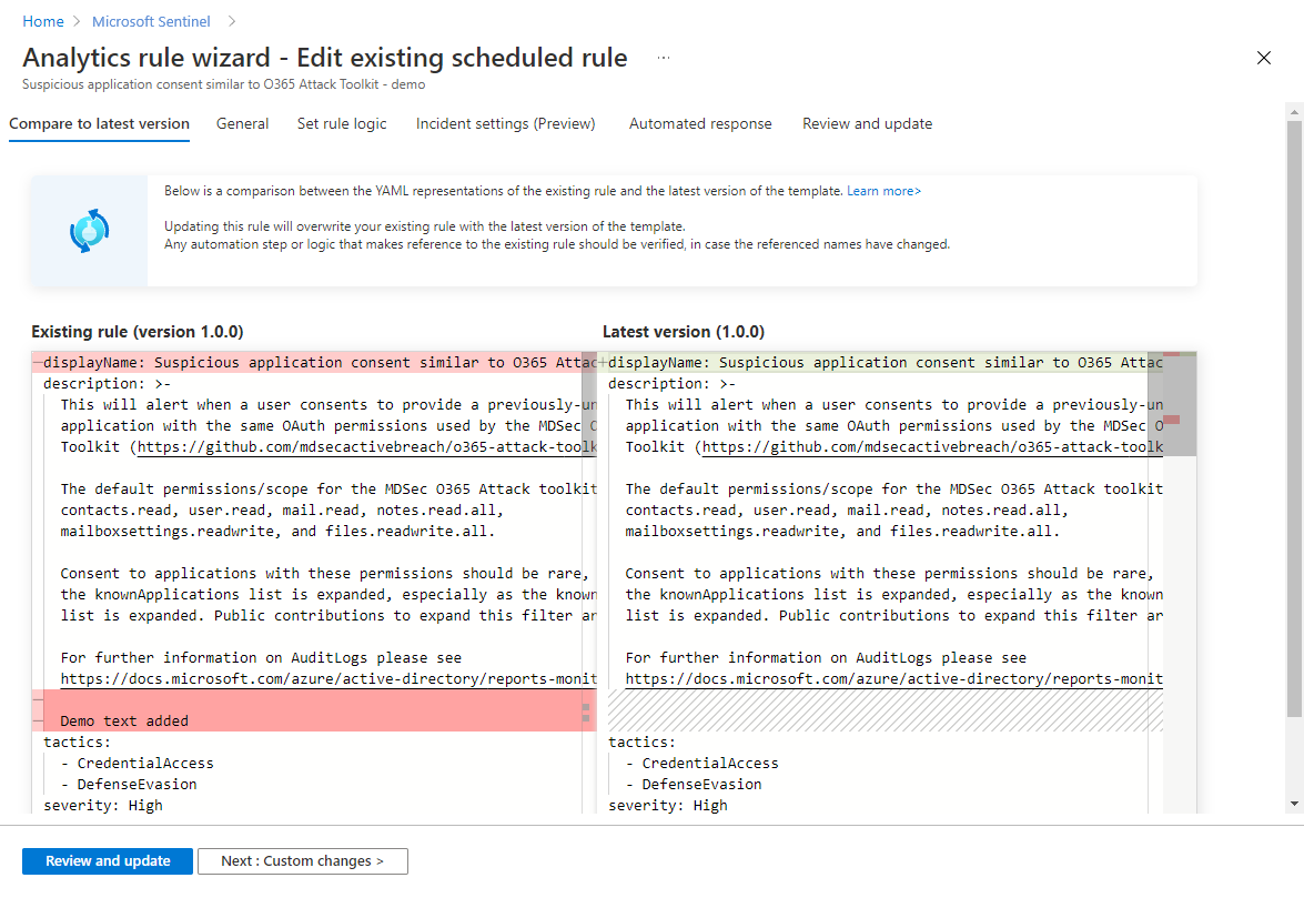 Screenshot der Registerkarte „Mit der neuesten Version vergleichen“ im Analyseregel-Assistenten