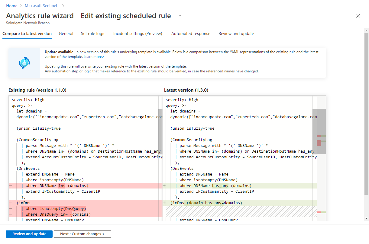 Screenshot der Registerkarte „Mit der neuesten Version vergleichen“ im Analyseregel-Assistenten