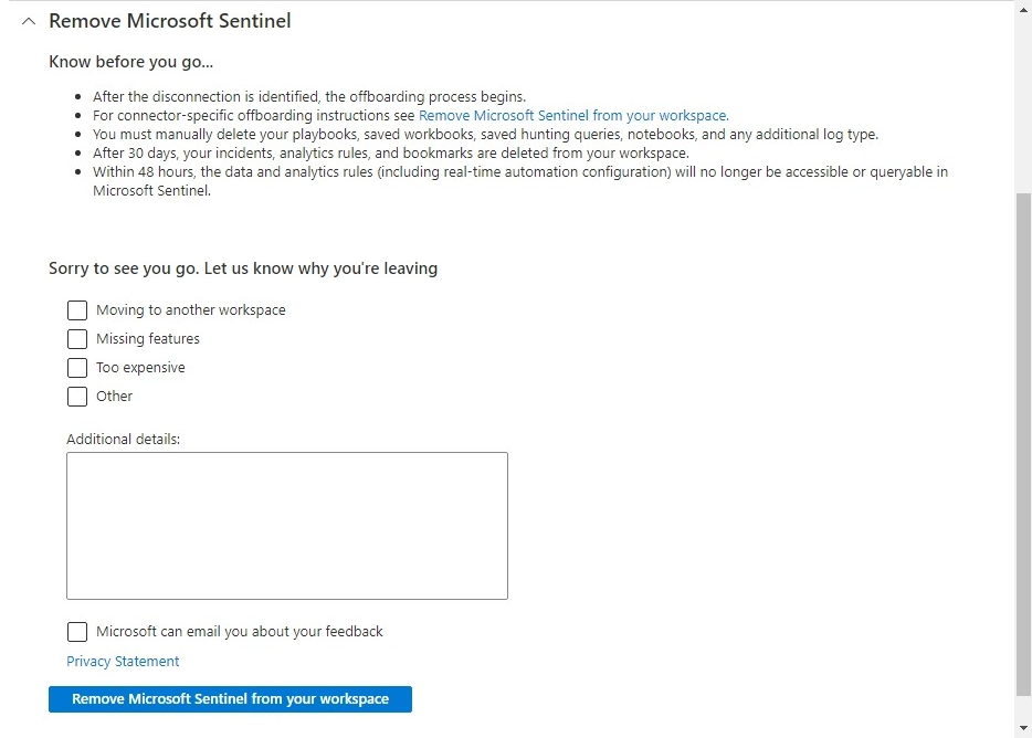 Screenshot: Abschnitt zum Entfernen der Microsoft Sentinel-Lösung aus Ihrem Arbeitsbereich.