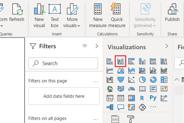 Screenshot: Symbol für „Gestapeltes Säulendiagramm“ unter „Visualisierungen“ in Power BI Desktop