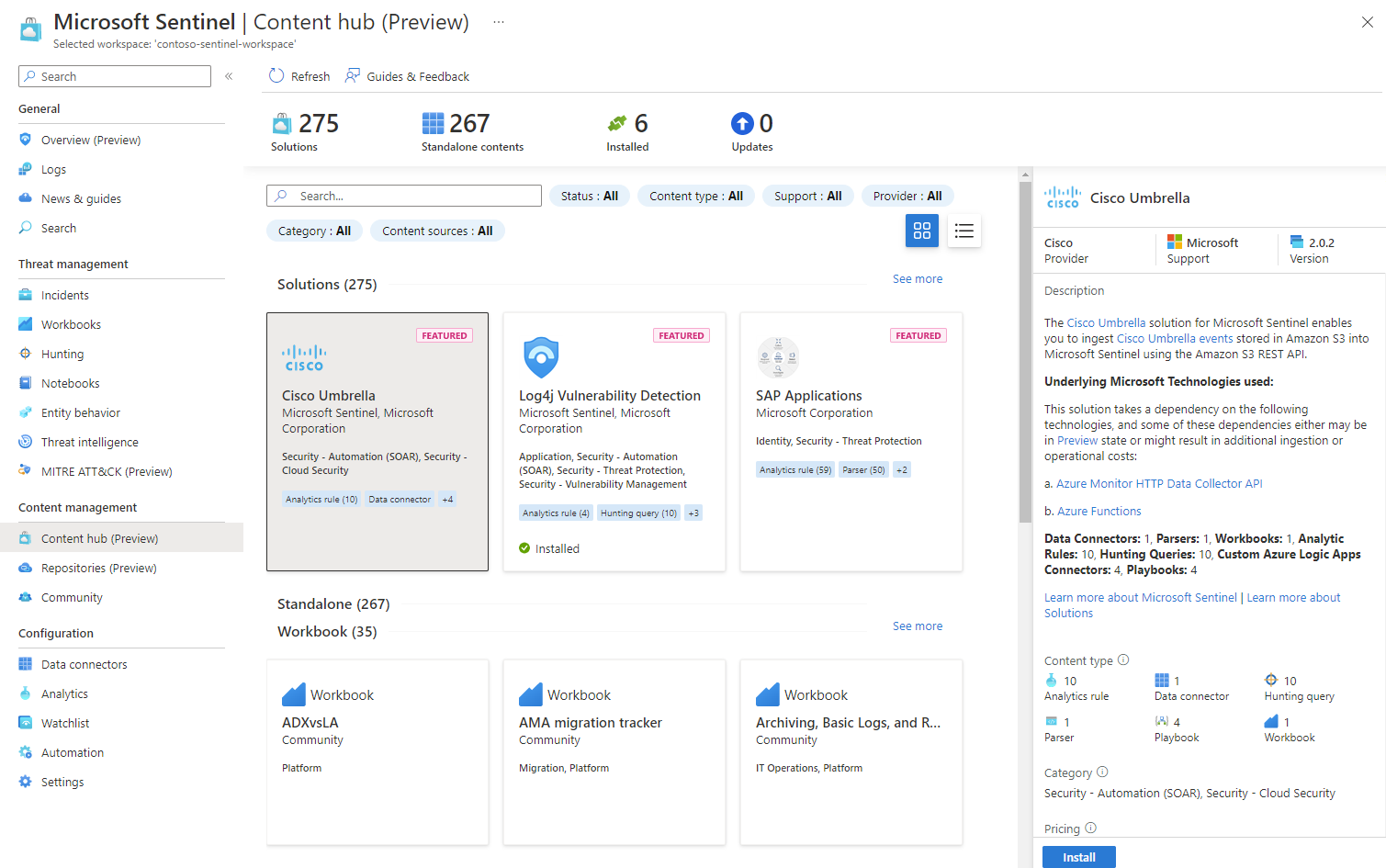 Screenshot des Microsoft Sentinel-Inhaltshubs im Azure-Portal.