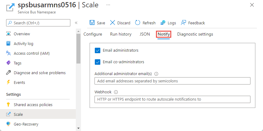 Screenshot: Registerkarte „Benachrichtigen“ auf der Seite „Skalierung“.