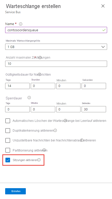 Enable session at the time of the queue creation