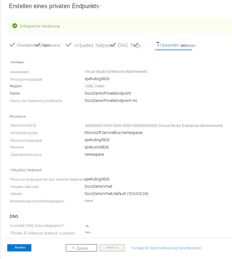 Screenshot: Seite „Überprüfen und erstellen“ des Assistenten zum Erstellen eines privaten Endpunkts.