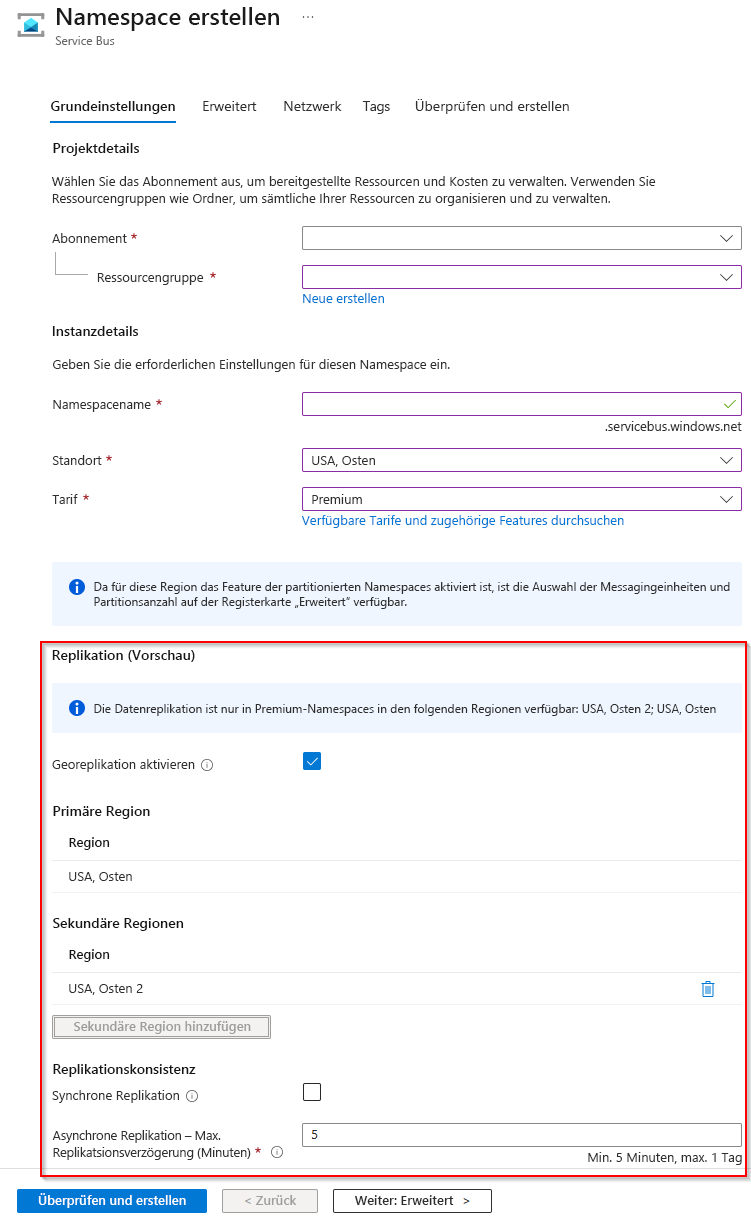 Screenshot: Option „Namespace erstellen“ mit aktivierter Georeplikation