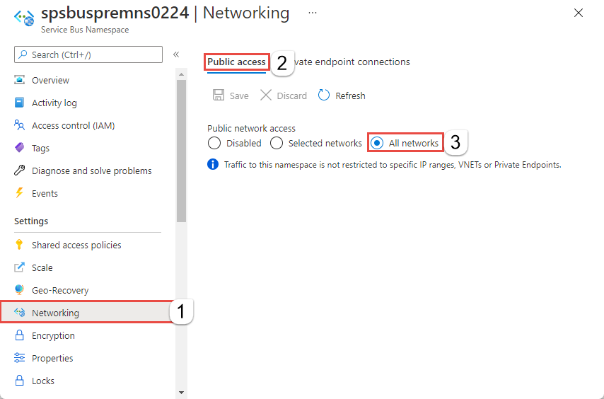 Screenshot der Seite „Netzwerk“ im Azure-Portal. Die Option zum Zulassen des Zugriffs von allen Netzwerken ist auf der Registerkarte „Firewalls und virtuelle Netzwerke“ ausgewählt.